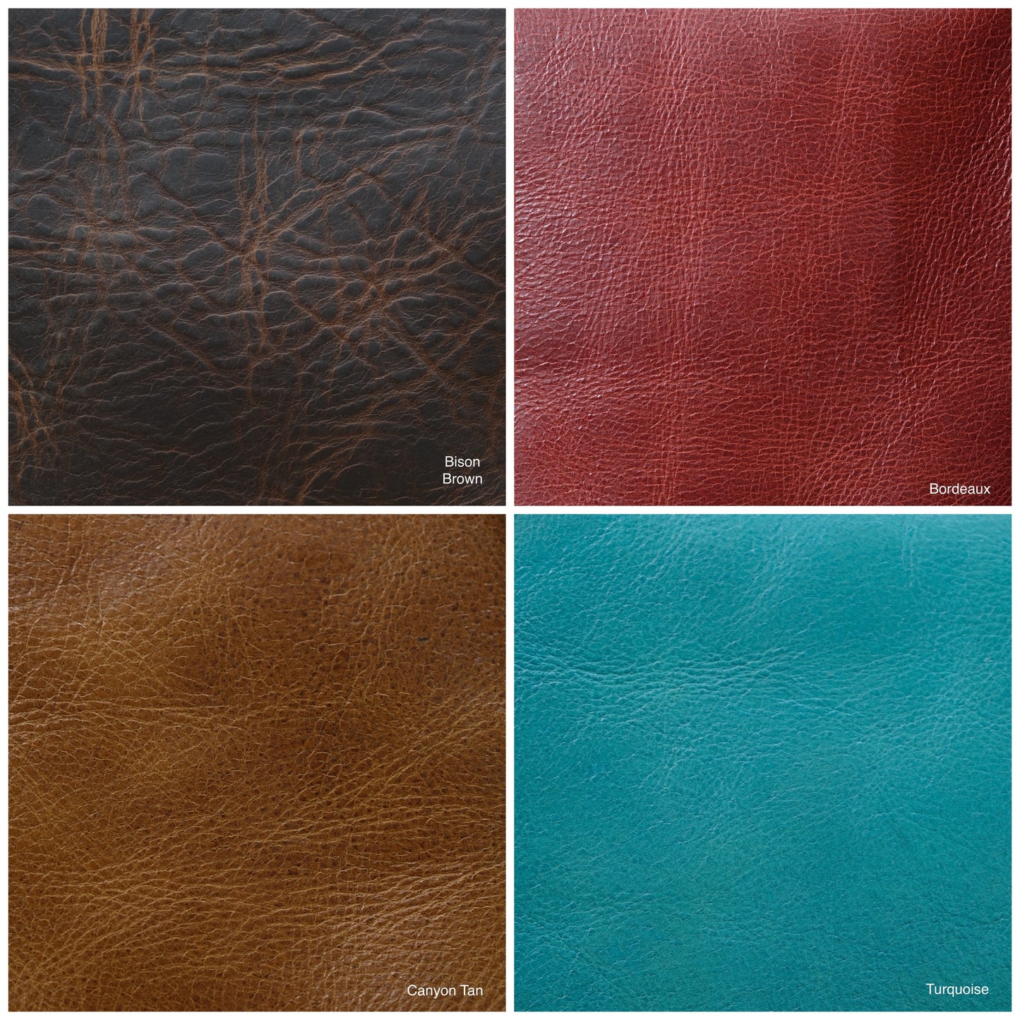 Four leather color swatches for the Fold bag: Bison Brown, Bordeaux, Canyon Tan, and Turquoise.